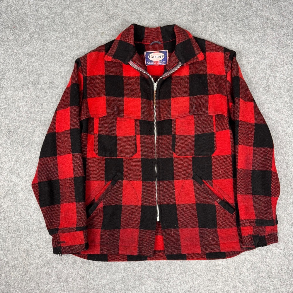 Vintage HW Carter & Sons Buffalo Plaid Wool Zip Hunting Jacket Red Black Mens L